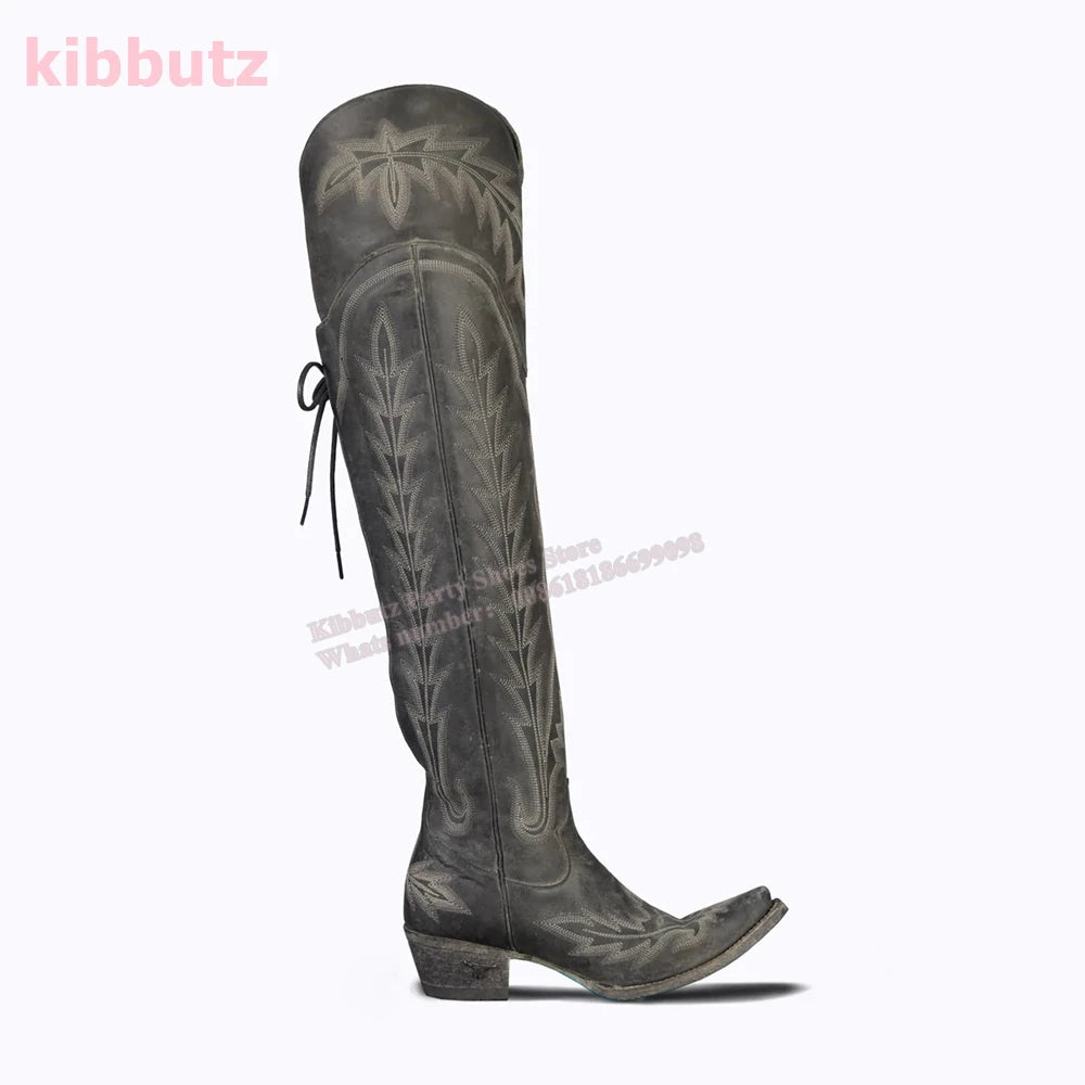 Rivet Cowboy Vintage Boots Over The Knee High Embroidery Lace-Up Luxury Leather Pointed Toe Chunky Heels Fashion Concise Shoes