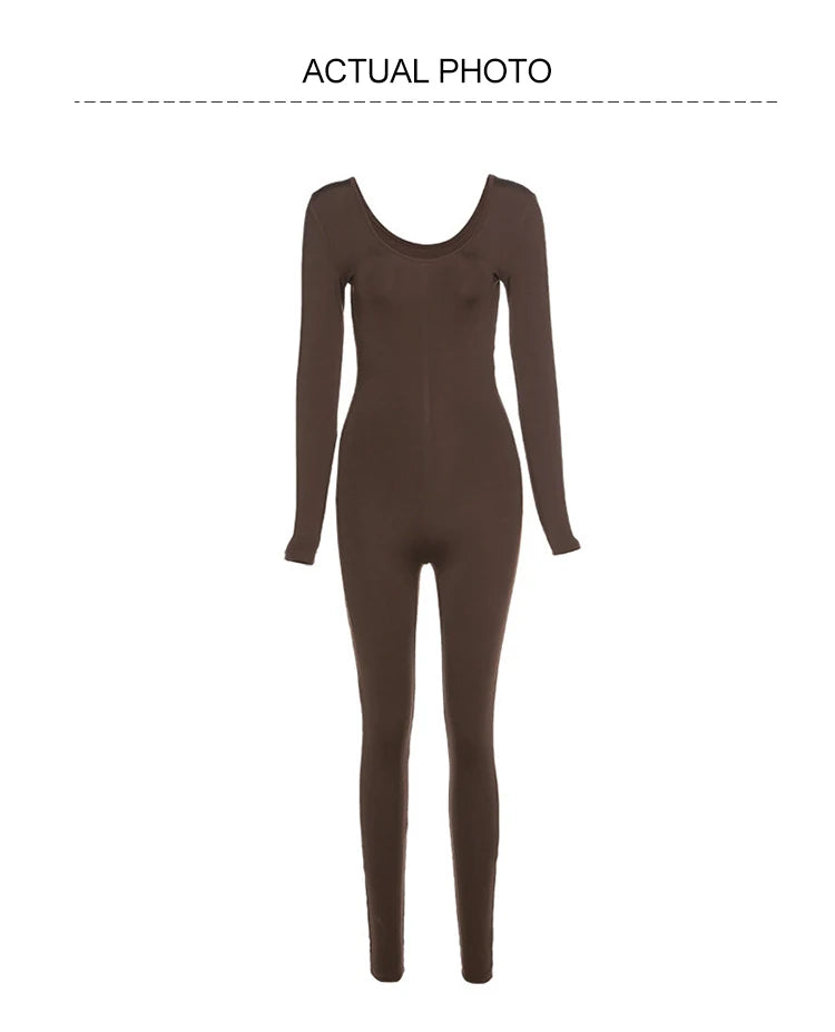 Spring Summer New Women's Long Sleeve Solid Color Skinny Jumpsuit Fashion Sports Fitness Pullover Casual Wear