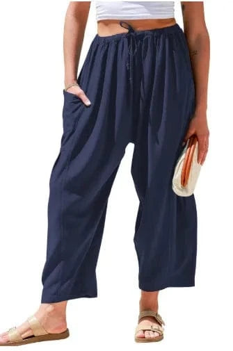 Loose Wide Leg Pants Women's Clothing Elastic Waist Pleated High Waist Casual Cotton Linen Solid Color Trousers Pants