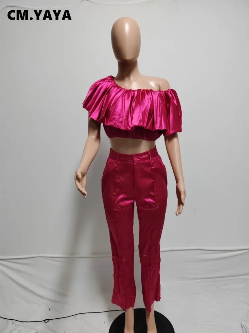 CM.YAYA Fashion Satin Women's Set Butterfly Sleeve Crop Top and Wide Leg Pants Suit 2024 Party Club Even Two 2 Piece Sets Outfit
