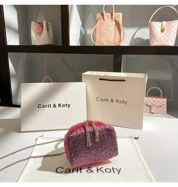 Crystal Shiny Diamonds Bucket Bag Fashion Women Handbag Metal Ring Handle Evening Bag Wedding Party Clutch Purse Crossbody Bag