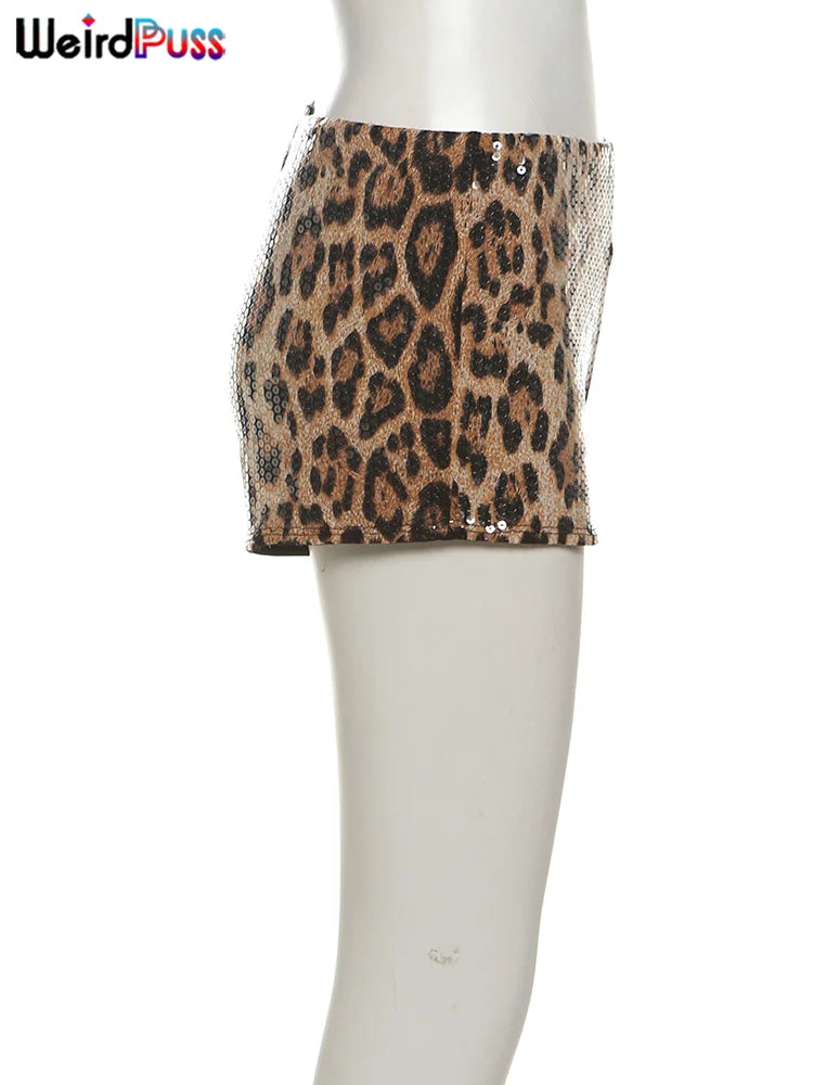 Weird Puss Leopard Print Mini Shorts Women Sequins Patchwork Wild Skinny Stretch Streetwear Autumn Midnight Sexy Trend Buttoms