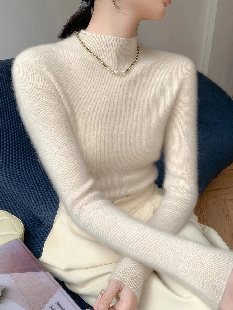 Women 100% Cashmere Sweater Mock Neck Pullover Autumn Winter Slim Basic Cashmere Knitwear Soft Warm High Strecth Pullover Tops