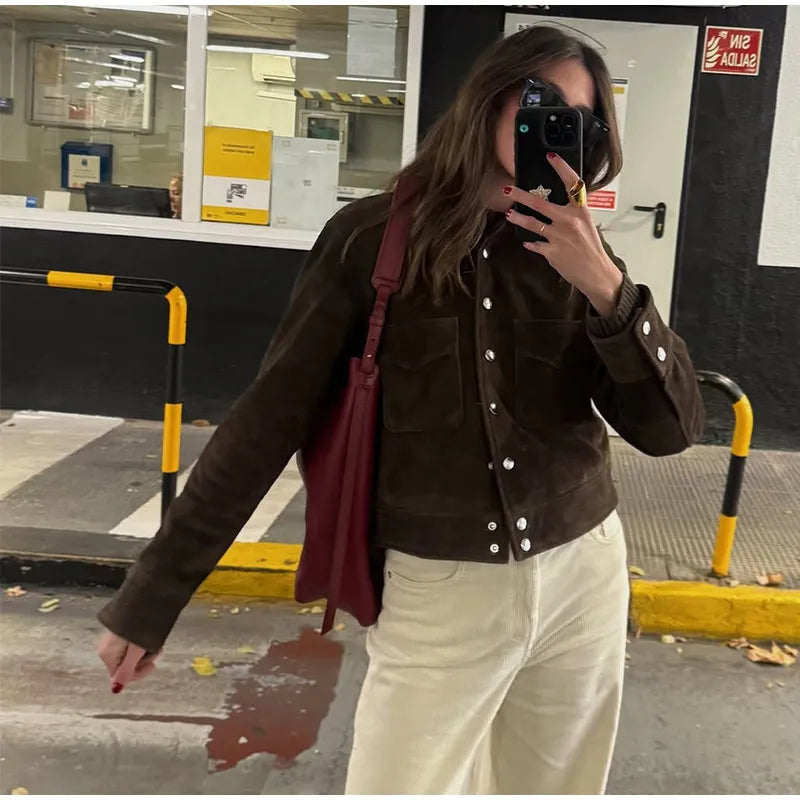Big Pockets Suede Short Women's Jackets Vintage Lapel Single Breasted Full Sleeve Jacket Lady 2025 Spring Fashion Streetwears