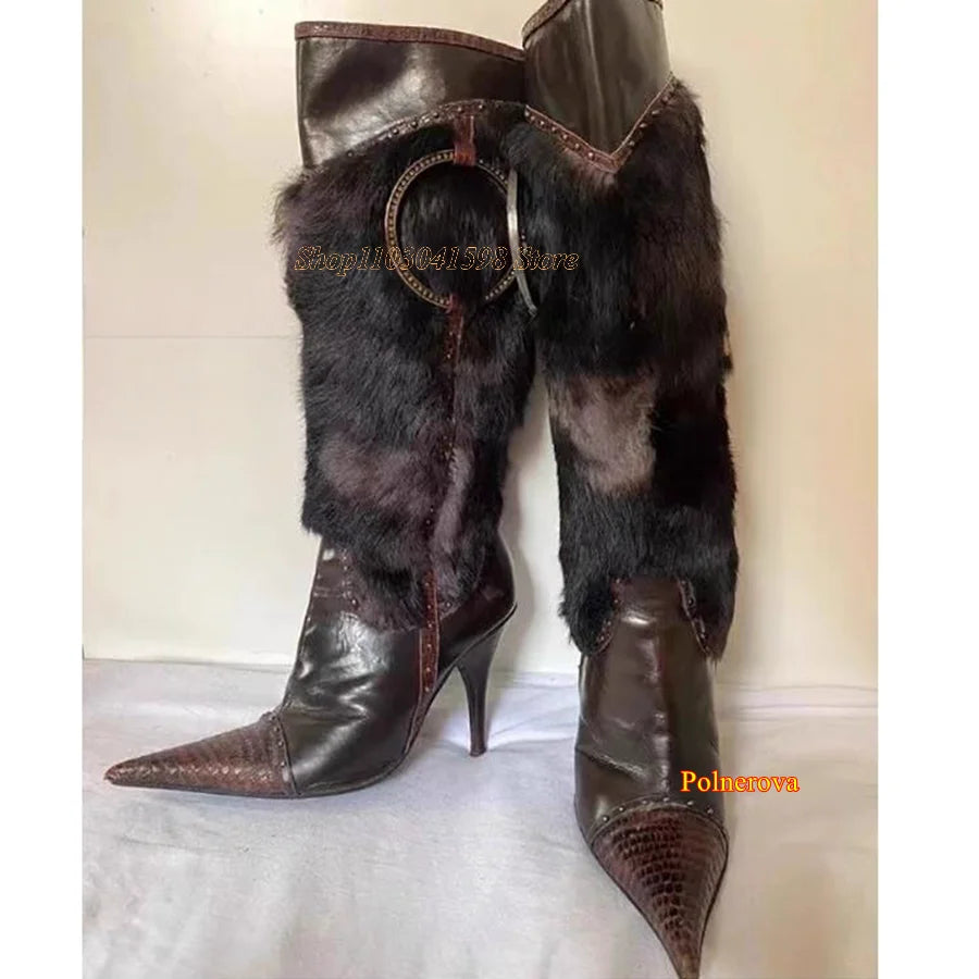 Winter Furry Leather Knee High Boots,Crocodile Pattern Pointed Toe Stiletto Women Shoes Zipper Boots2023 New Zapatos Para Mujere