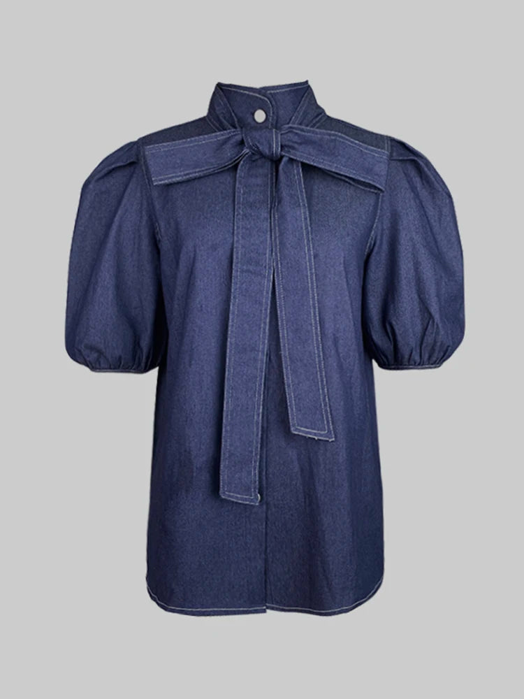 Beautyblue Denim Shirt Woman Short Sleeve Bow-Embellished Tops Summer Casual Streetwear Buttoned High Neck Puff Sleeves Blouses