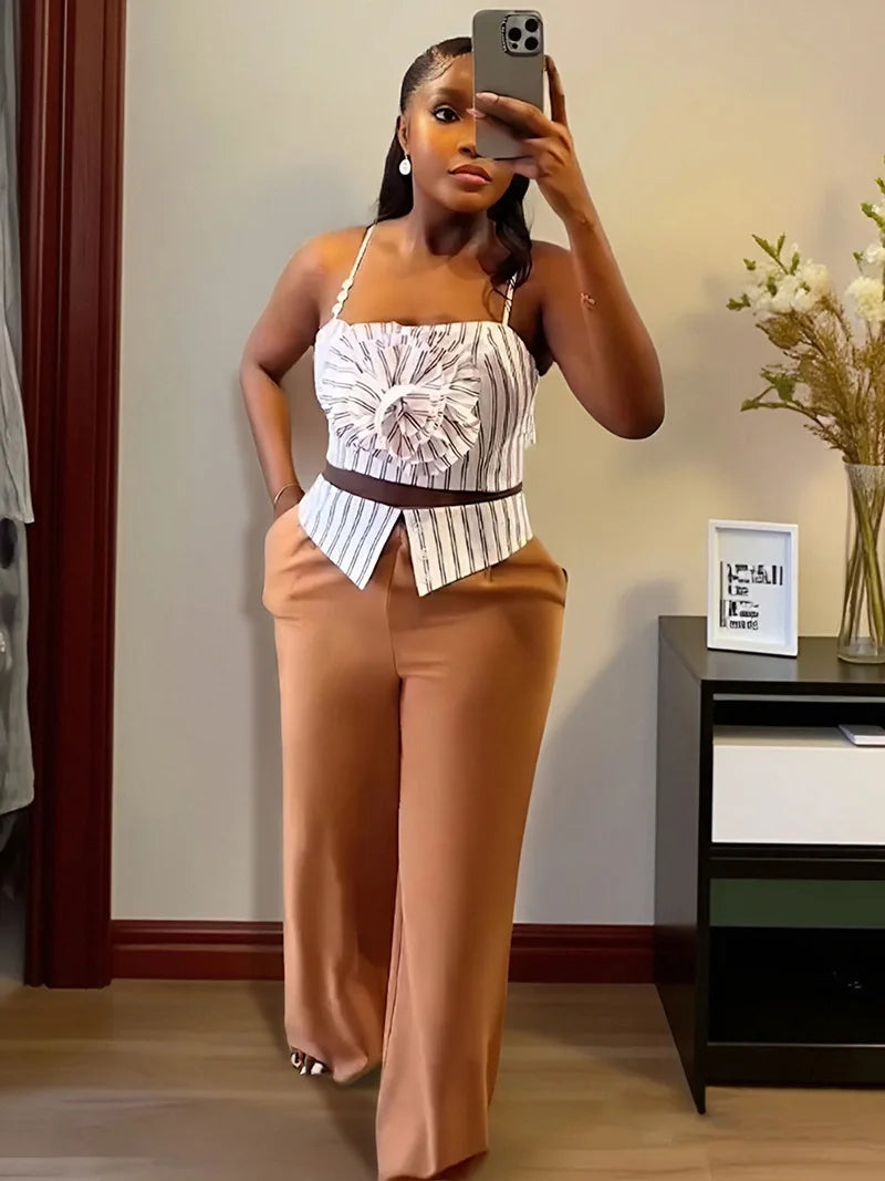 CM.YAYA Fashion Women's Set Striped Strap Floral Applique Crop Top and Wide Leg Pants Suit 2025 Two 2Piece Sets Outfit Tracksuit