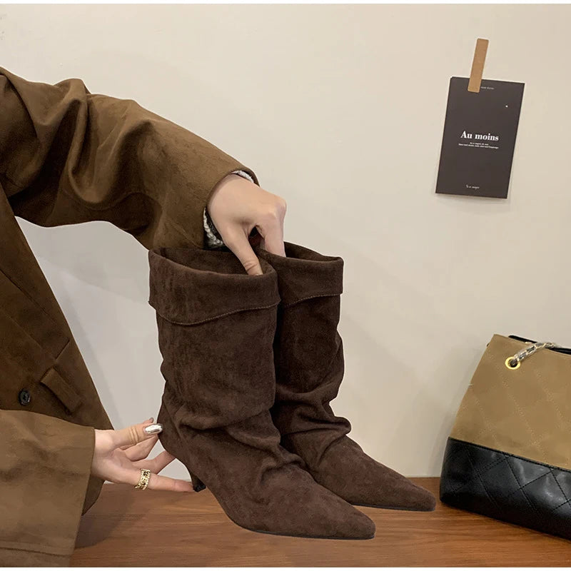 Women's Frosted Low-heeled Boots Fashion Retro Brand Short Boots Pointed Stiletto Boots Pleated Ankle Boot Folded Hem Short Boot