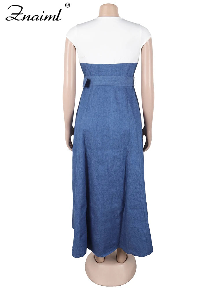 Znaiml Fashion Short Sleeve Pocket White Blue Denim Patchwork A-Line Dresses with Belt Woman Summer Elegant Bodycon Jean Dress