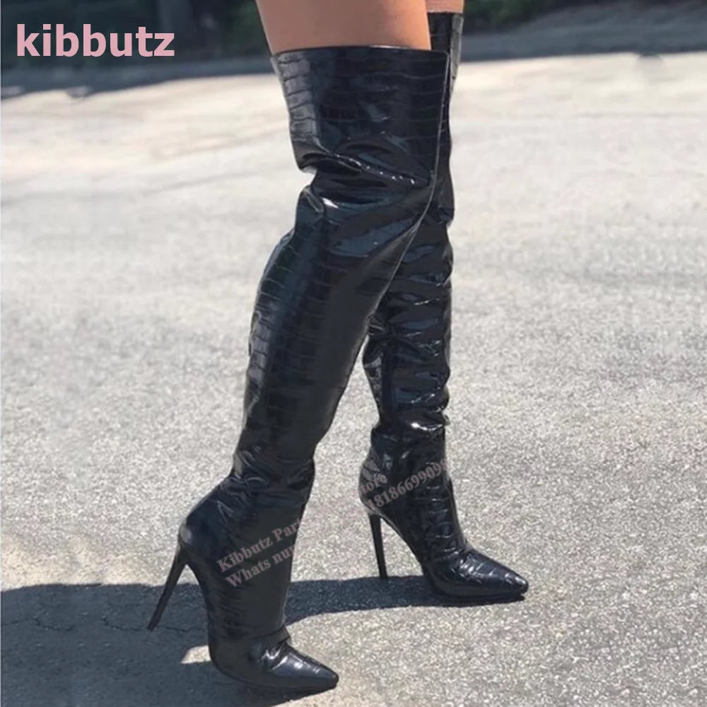 Golden Boots Over The Knee Crocodile Pattern Patent Leather Pointed Toe Thin Heel Nightclub Sexy Fashion Women Shoes 2023 Newest