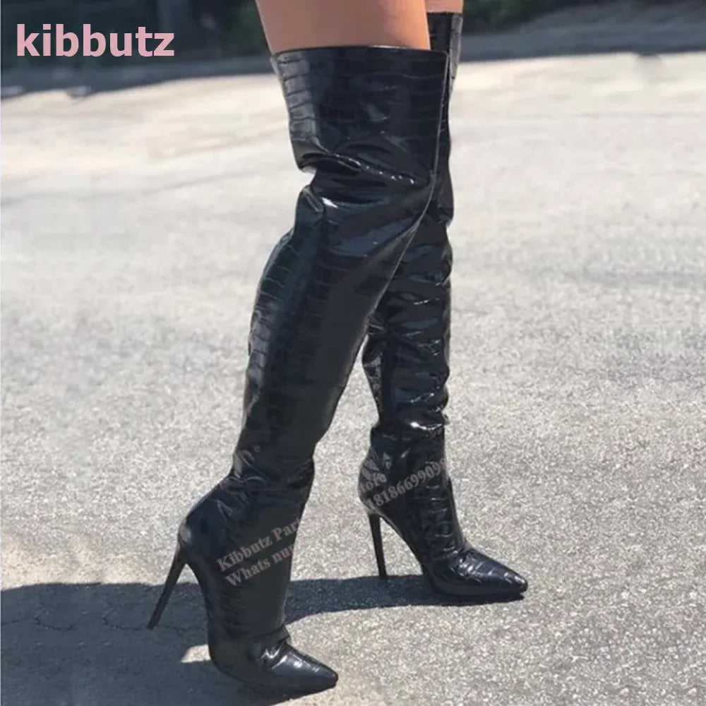 Crocodile Patent Over The Knee Boots