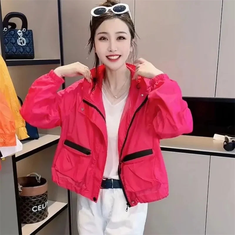 Spring and Autumn Lightweight Sunscreen Clothes for Women's Outdoor Wear 2025 White Hooded Loose Casual Summer Jacket Pink Orang