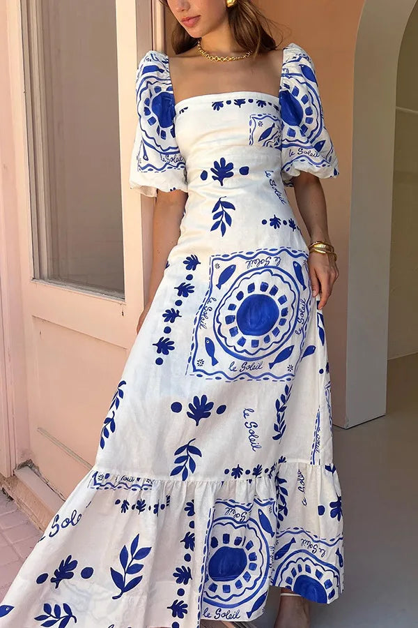 Summer Dress Elegant Women Flower Printed Maxi Dress High Waisted Short Sleeve Square Collar 2025 Summer Fashion Holiday Dresses