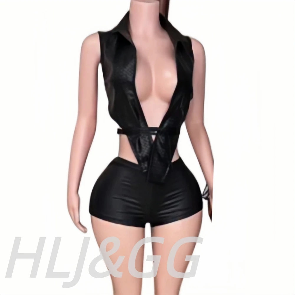 Sleek Black Leather Sleeveless Backless Two Piece Set for Women