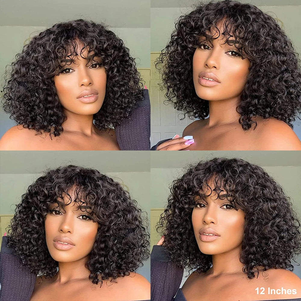Water Wave BOB Wig With Bangs Human Hair Realistic Look Bang Wig 180% Medium Length Curly Wigs for Black Women Natural Black