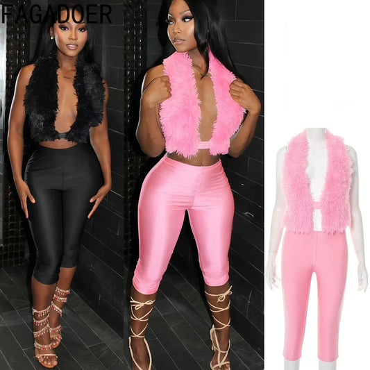 FAGADOER Sexy Fur Patchwork Two Piece Outfits Woman Halter Sleeveless Backless Crop Top and Pants Matching Female Streetwear New