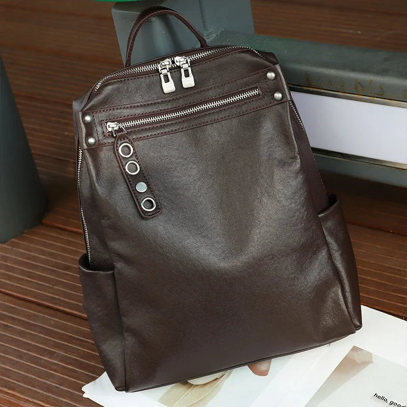 Women's Natural Cow Leather Backpacks Lady Cowhide Design Large Capacity Bags Female Retro Fashion Versatile Backpacks Ladies