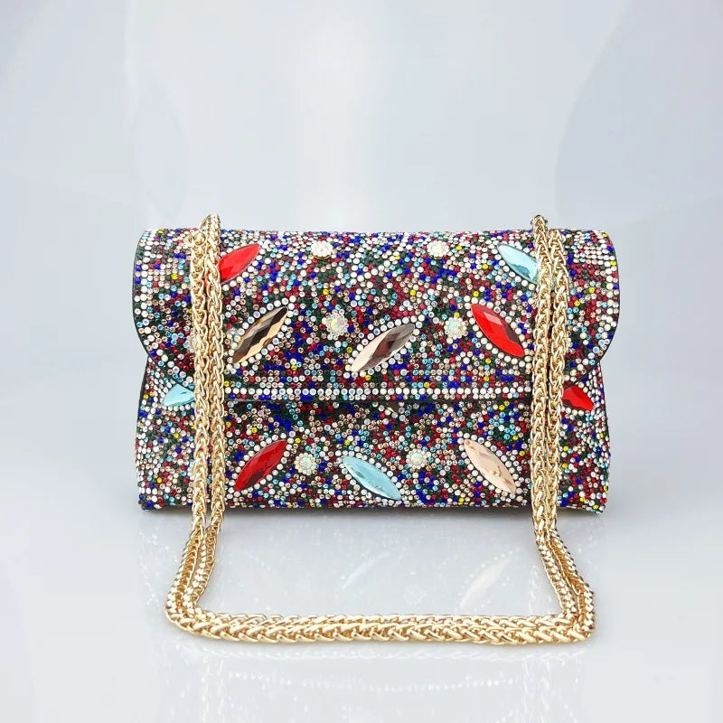 New Cross-Border High-End Feel Large Brick Socialite Style Diamond Underarm Handbag Embroidered Color Diamond Chain Chinese Dres