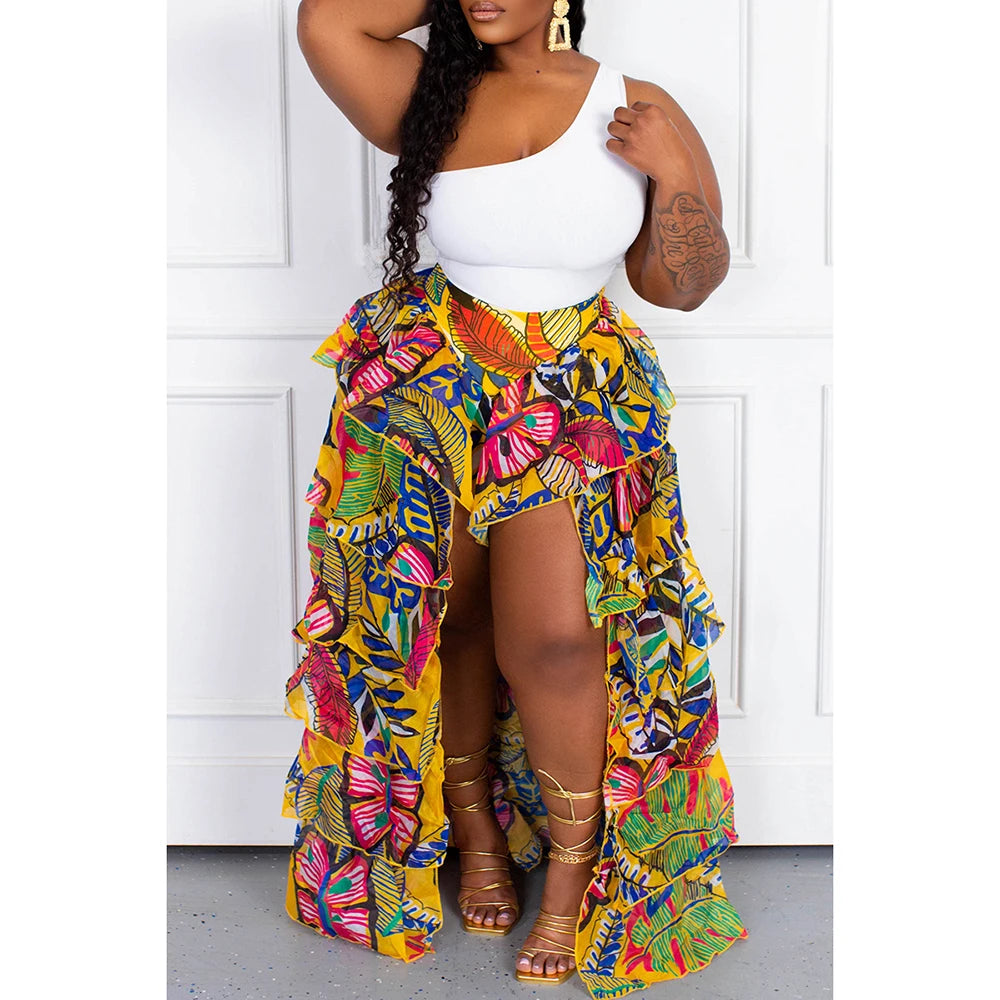 Plus Size Boho All Over Print Multi Layered Tulle Ruffle Irregular Hem Tiered Slit Skirt