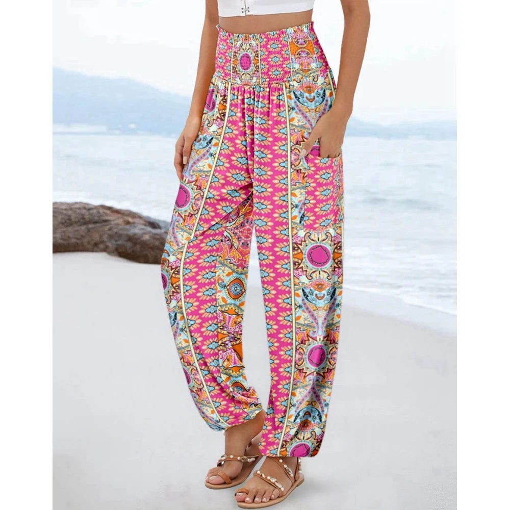 Women's High Waist Floral Print Pocket Cuffed Pants – Casual Sporty Streetwear Trousers with Shirring Elastic Waist