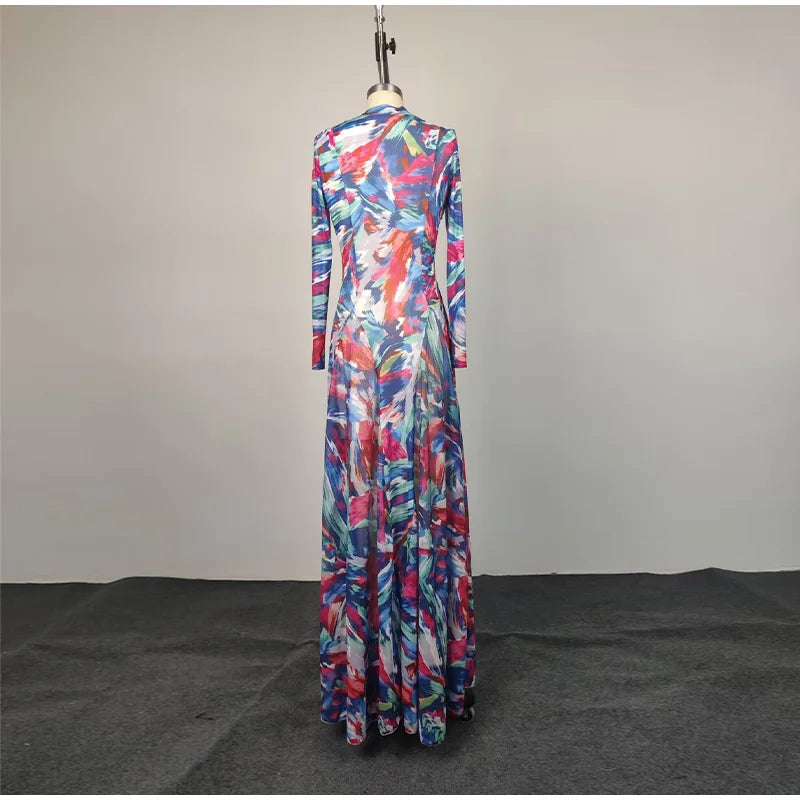 Chic O-Neck Printed Long Sleeve Casual Summer Dress for Women