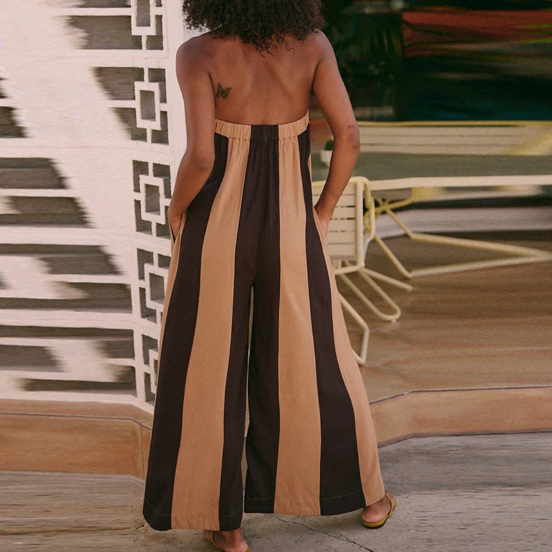 Summer Beach Hollowed Out Backless Long Pants Playsuit Bohemian Commuting Rompers Casual Striped Printed Off Shoulder Jumpsuit