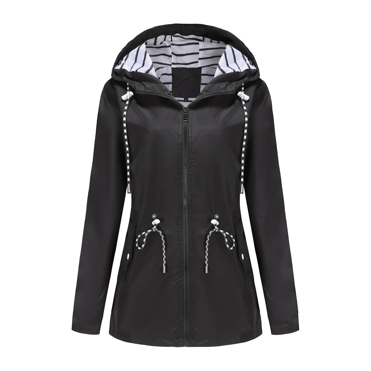 Women Outdoor Windbreaker Casual Loose Hooded Waterproof Raincoat Long Sleeve Solid Color Mid-length Zipper Hiking Jackets