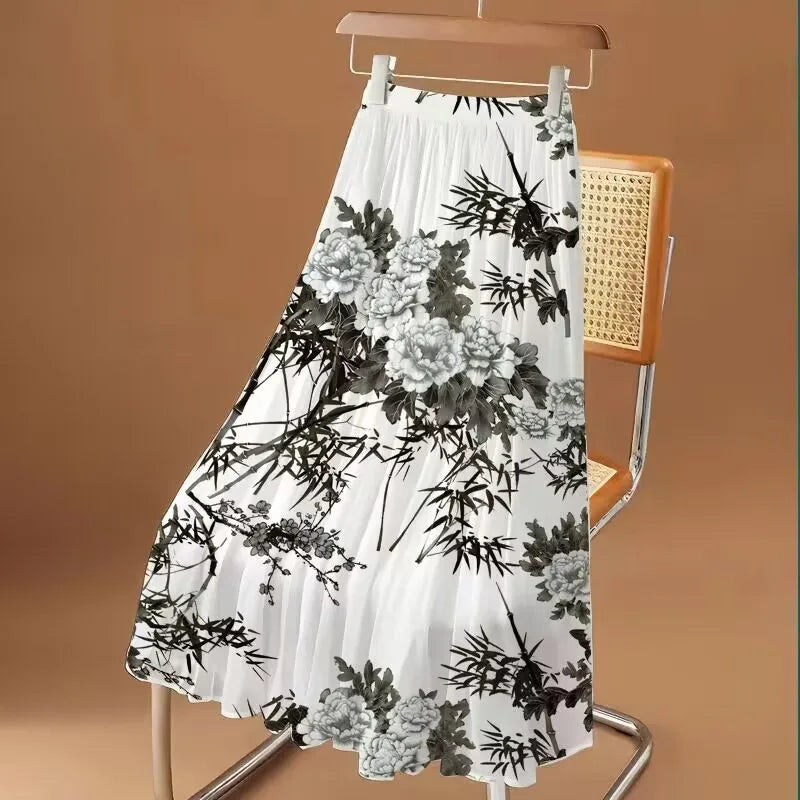 Pleated Floral Chiffon Skirt