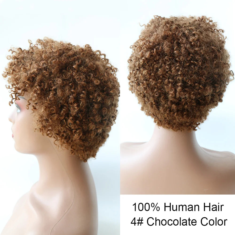 Short Afro Kinky Curly Human Hair Wigs With Bangs Brazilian Virgin Pixie Wig For Black Women 180% Density Full Machine Made Wig
