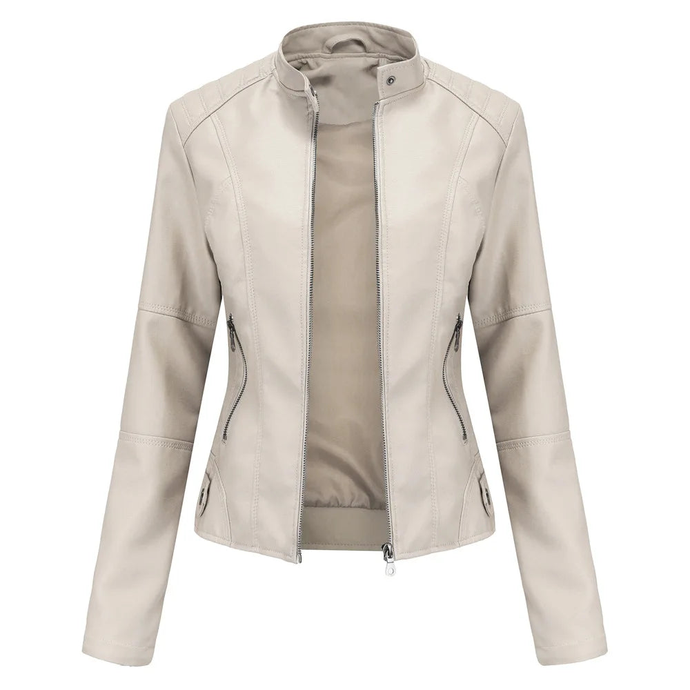 Women Leather Jacket 2025 Spring Autumn Black PU Leather Coat Stand-up Collar Motor Biker Jacket