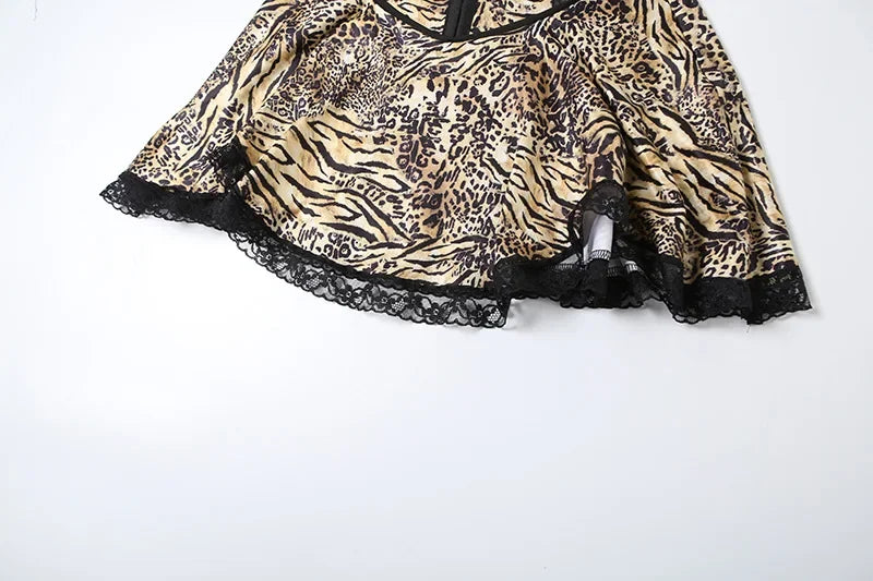 Sexy Skirt Women Product Backless Slim Fit Perspective Lace Leopard Print Patchwork Suspender Short Dresses 2025 Autumn Winter