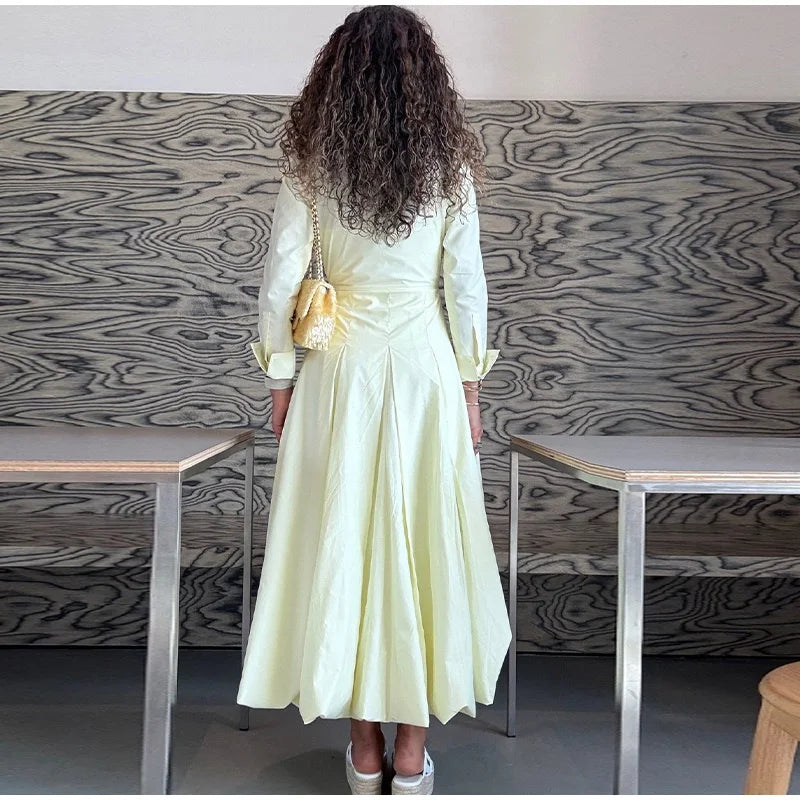 Solid Women's Casual Pleated Long Dress Fashion Lapel Full Sleeve Button Maxi Dress Lady 2025 Early Autumn Chic Street Robes