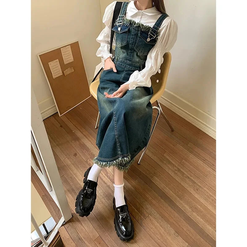 2023 New Women's Spaghetti Strap Denim Strap Two Piece Set Sling Dress Denim Suit Jeans Dress And White Shirt SRetro Denim Dress