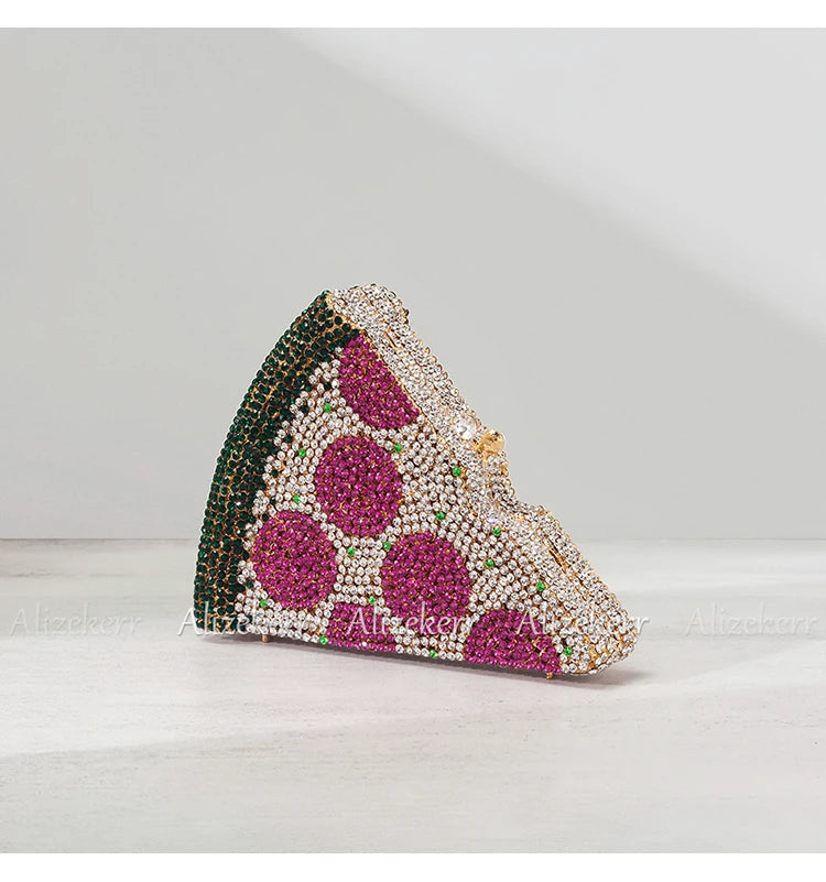 Alizekerr Pizza Shaped Diamond Evening Clutch Bags 2024 New Gorgeous Unique Metallic Watermelon Rhinestone Purses Wedding Party