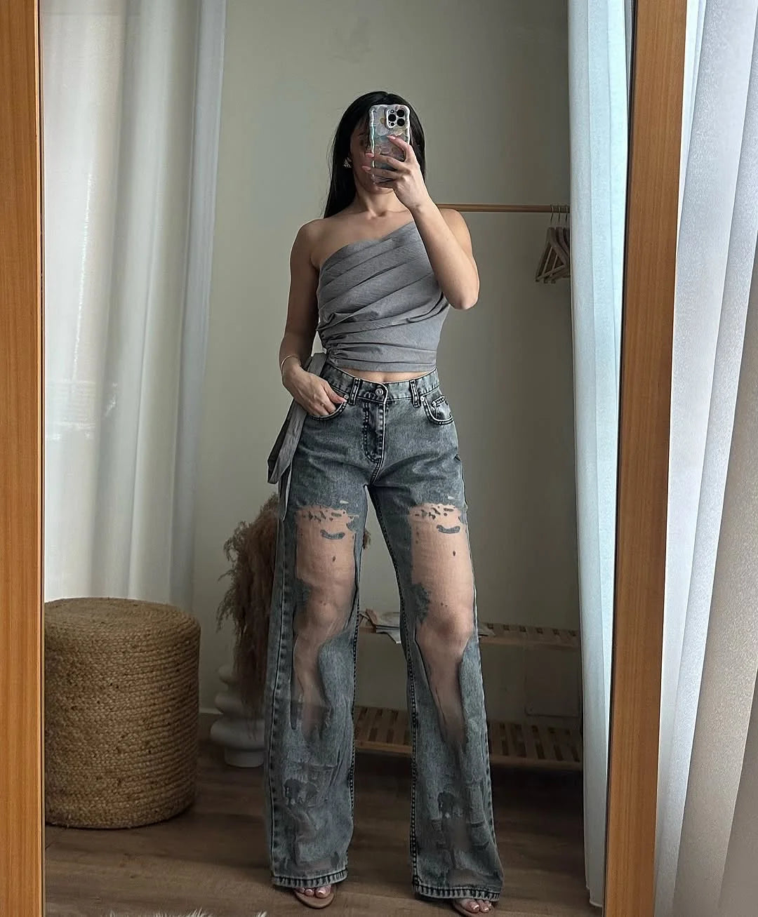 Gothic Ripped Wide Leg High Waisted Jeans
