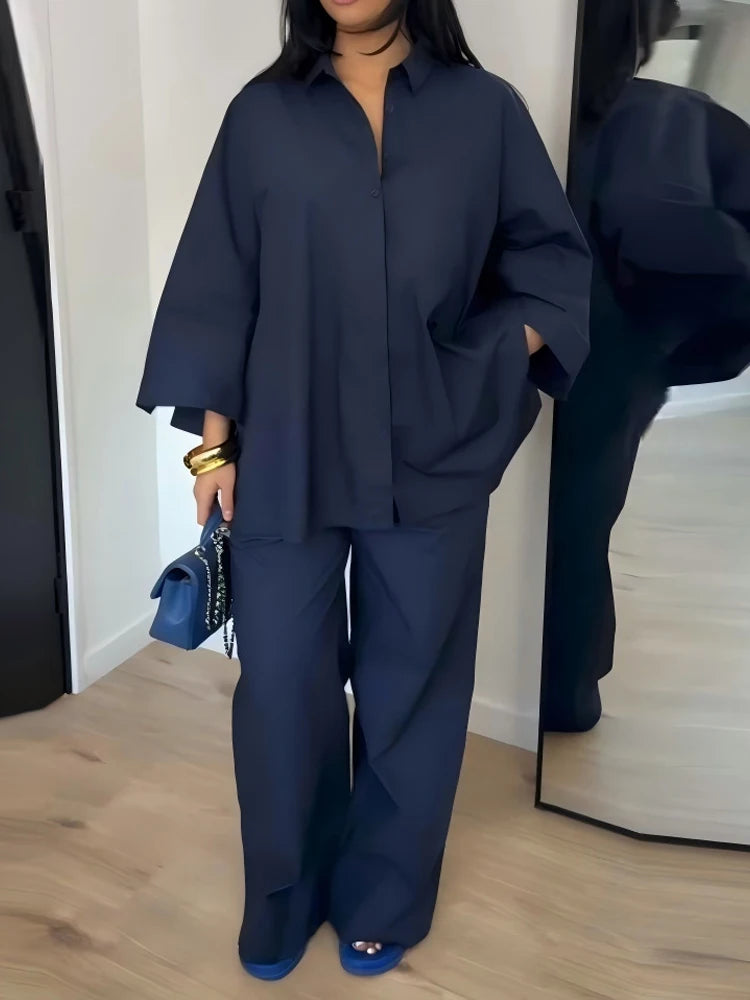 Casual Long Sleeve Shirt and Pants Two Piece Set for Women