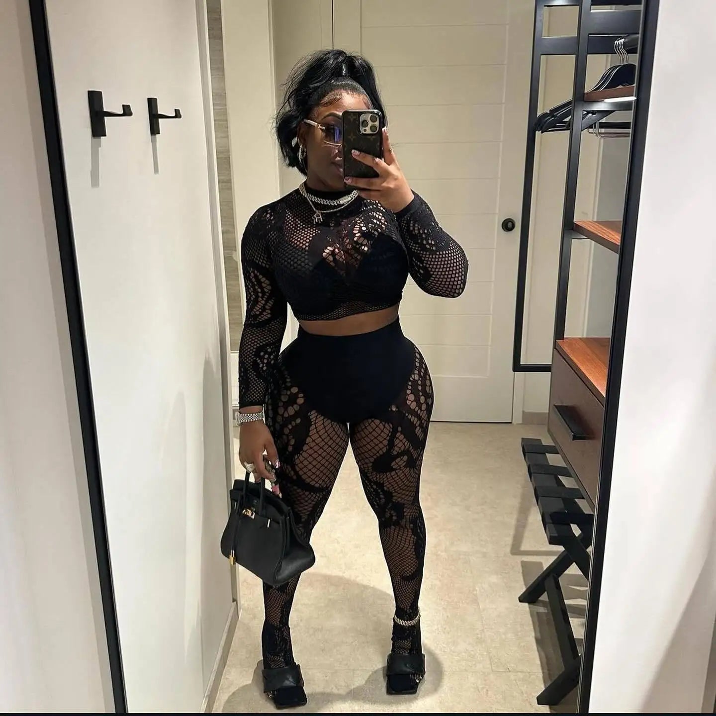 FAGADOER Sexy Lace 2 Piece Set Women Outfit Mesh See Though Long Sleeve Crop Top + Pants Suit Fashion Female Streetwear Overalls