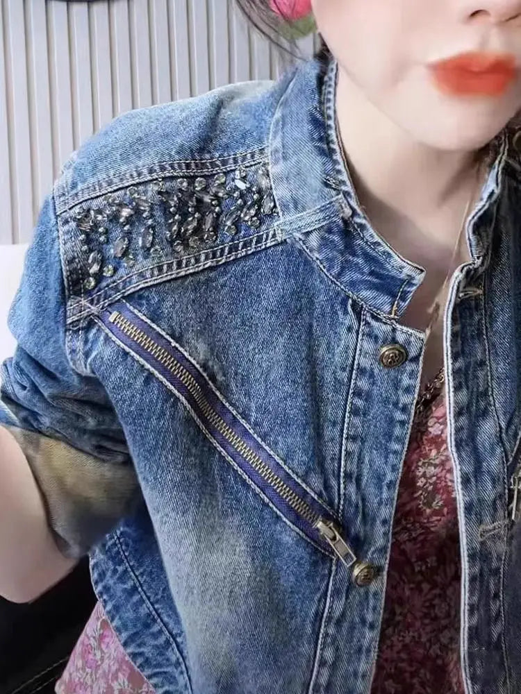 Denim Short Jacket for Women Coat 2025 New Spring and Autumn Season Diamond Studded Women's Clothing