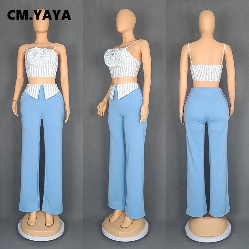 CM.YAYA Fashion Women's Set Striped Strap Floral Applique Crop Top and Wide Leg Pants Suit 2025 Two 2Piece Sets Outfit Tracksuit