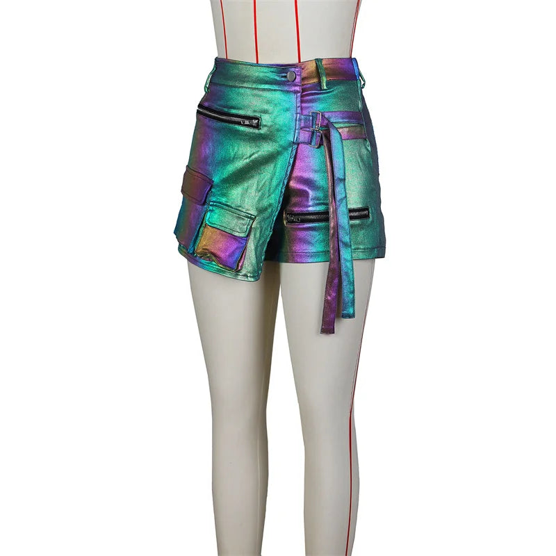 Shiny Metallic Irregular Shorts Skirts Women Y2K Clothing High Waist Button Fly Pockets Zipper Party Club Birthday Short Mujer