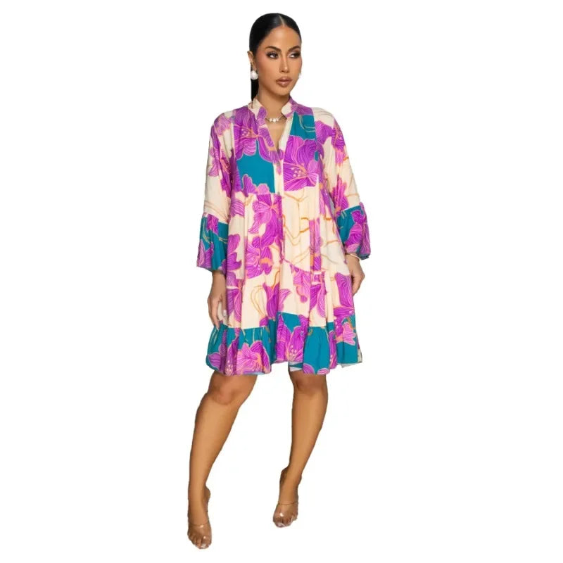 Dashiki African Dresses for Women Summer Elegant African Long Sleeve V-neck Printing Party Evening Dress Outfits Ankara Dresses