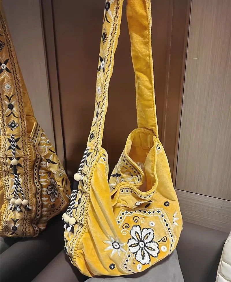 High Quality Original Design Velvet Embroidery Fringe Cloth Bag Shoulder Large Capacity Cross Body Tote Bags for Women
