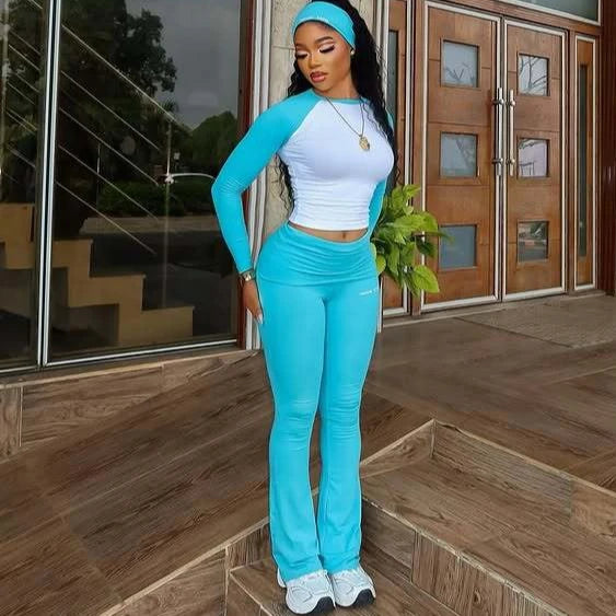 FAGADOER Casual 2 Pieces Set for Woman Long Sleeve Round Neck T-Shirt and High Waist Pants Matching Tracksuits Female Sportswear