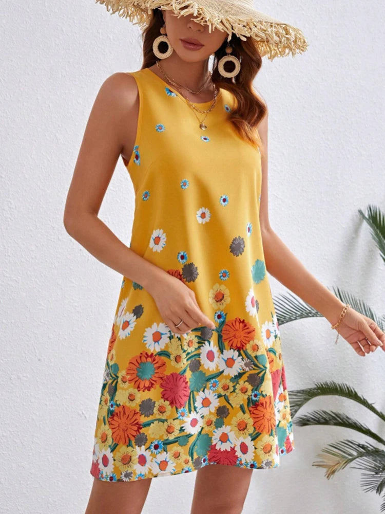 Fashion temperament women's positioning floral print sleeveless round-neck dress, summer women's back keyhole button dress