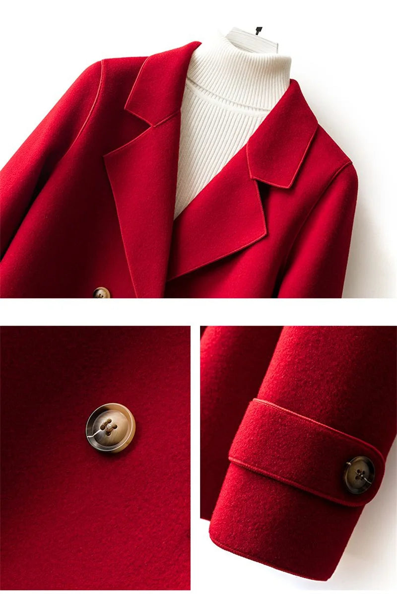 High-Quality Double-Sided Woolen Coat For Women 2024 New Short With Temperament Doll Neck Mother's Outfit Woolen Coat Female Red