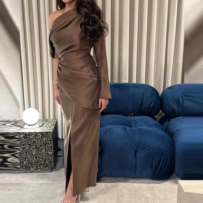 Unique Solid Hollow Off Shoulder Evening Dress New Autumn Long Sleeved Women Banquet Dress Casual High Waist Split A-line Dress