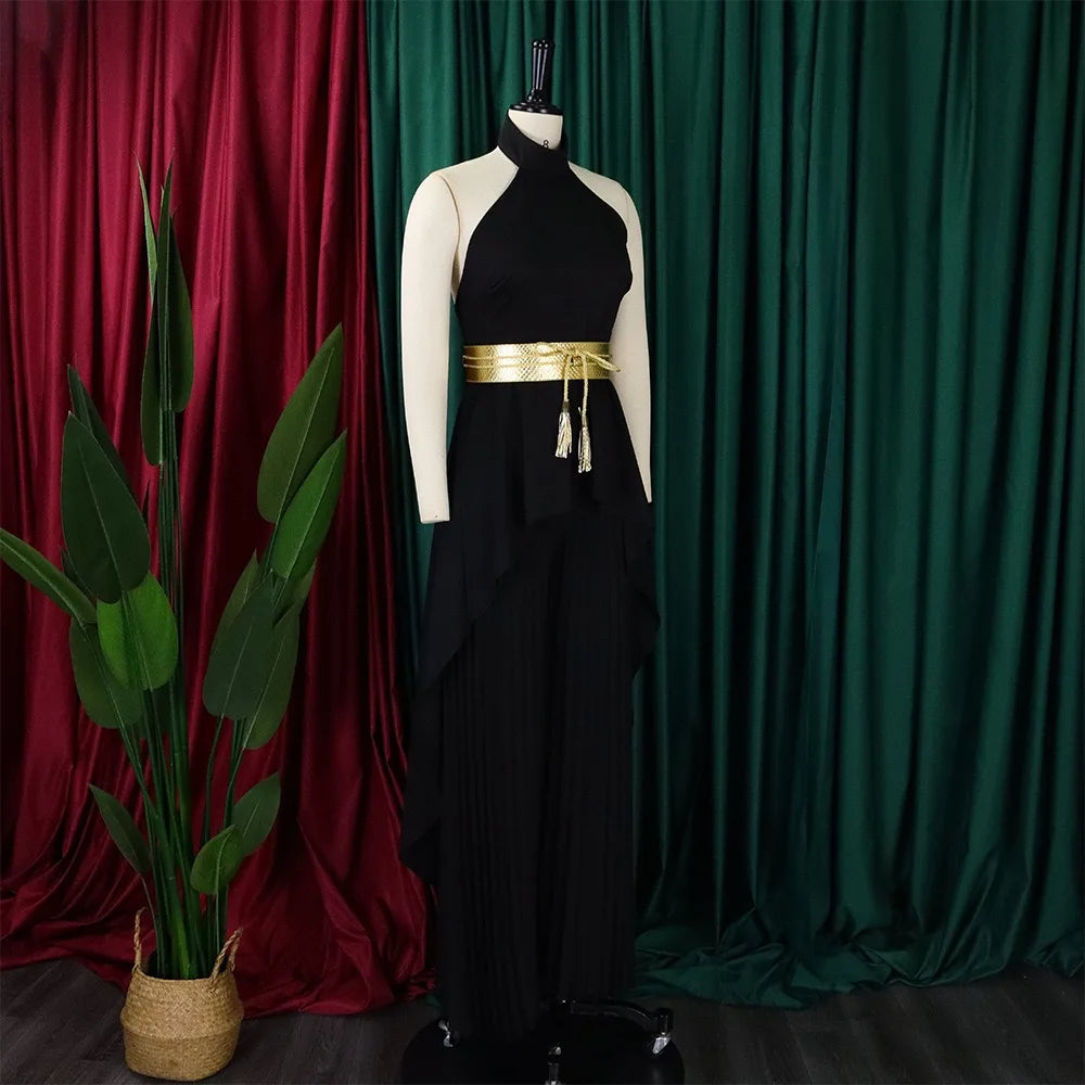 2 Pieces Pants Sets Womens Outfits Blouse Extra Long Sleeveless Backless Belt Waisted & Wide Leg Pants Pleated Floor Length Sets