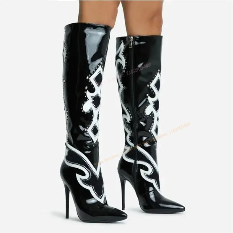 Black Rivet Decor Knee High Boots Patent Leather Pointed Toe Shoes for Women Thin High Heels Sexy Shoes 2024 Zapatos Para Mujere