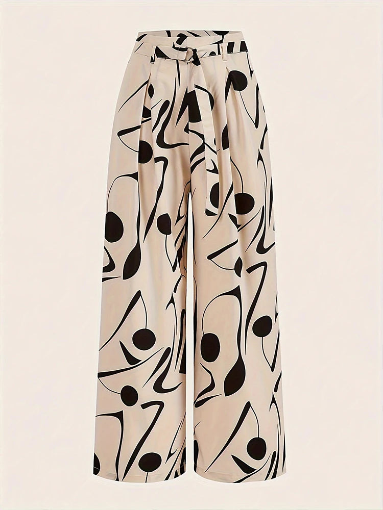 Ladies Abstract Print Belt Casual Wide Leg Pants Fashionable Loose Fit Trousers for Women