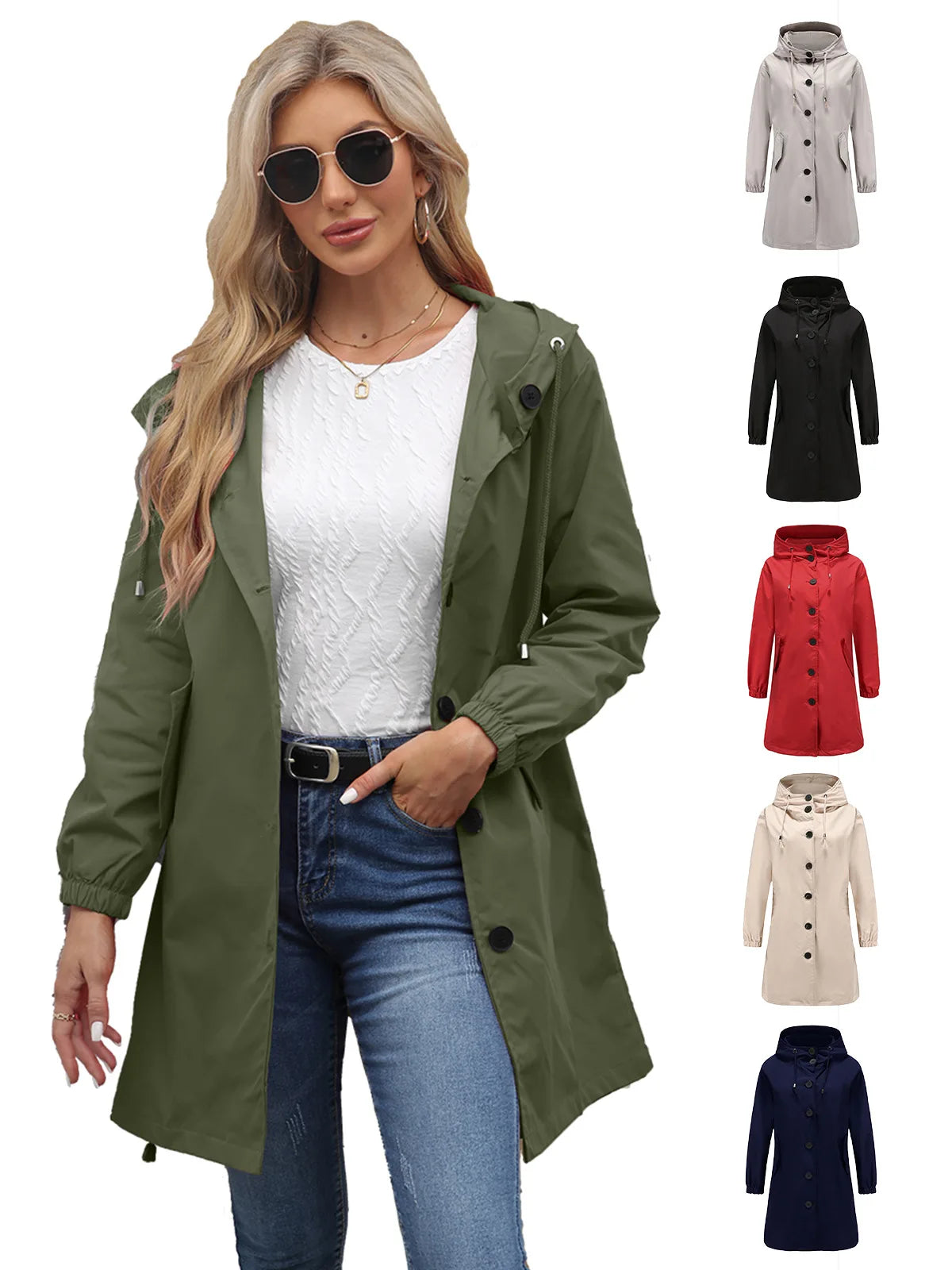 Spring Autumn Women's Trench Coat Water-Repellent Hooded Windbreaker Outdoor Loose Casual Zipper Long Jacket